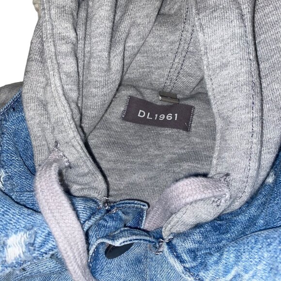 DL 1961 Clyde Icon Hoodie Denim Jacket Raw Hem Distressing Small - Picture 2 of 10